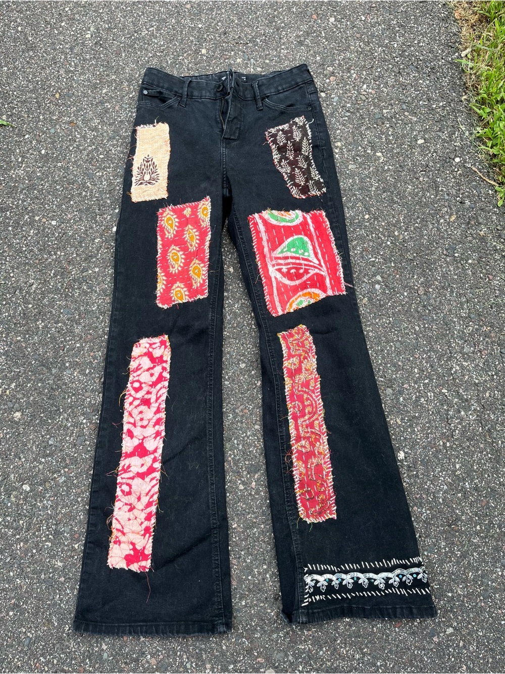 Vera Wang Black Flare Jeans with Red & Pink Patchwork